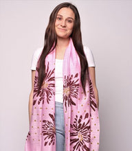 Load image into Gallery viewer, Woman wearing pink scarf with purple pattern
