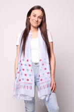 Load image into Gallery viewer, Woman wearing periwinkle scarf with blue and red dots