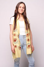 Load image into Gallery viewer, Woman wearing yellow scarf with red fan flowers in