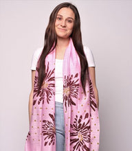 Load image into Gallery viewer, Woman wearing pink scarf with purple pattern
