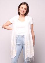 Load image into Gallery viewer, Woman wearing white scarf with cream stripe
